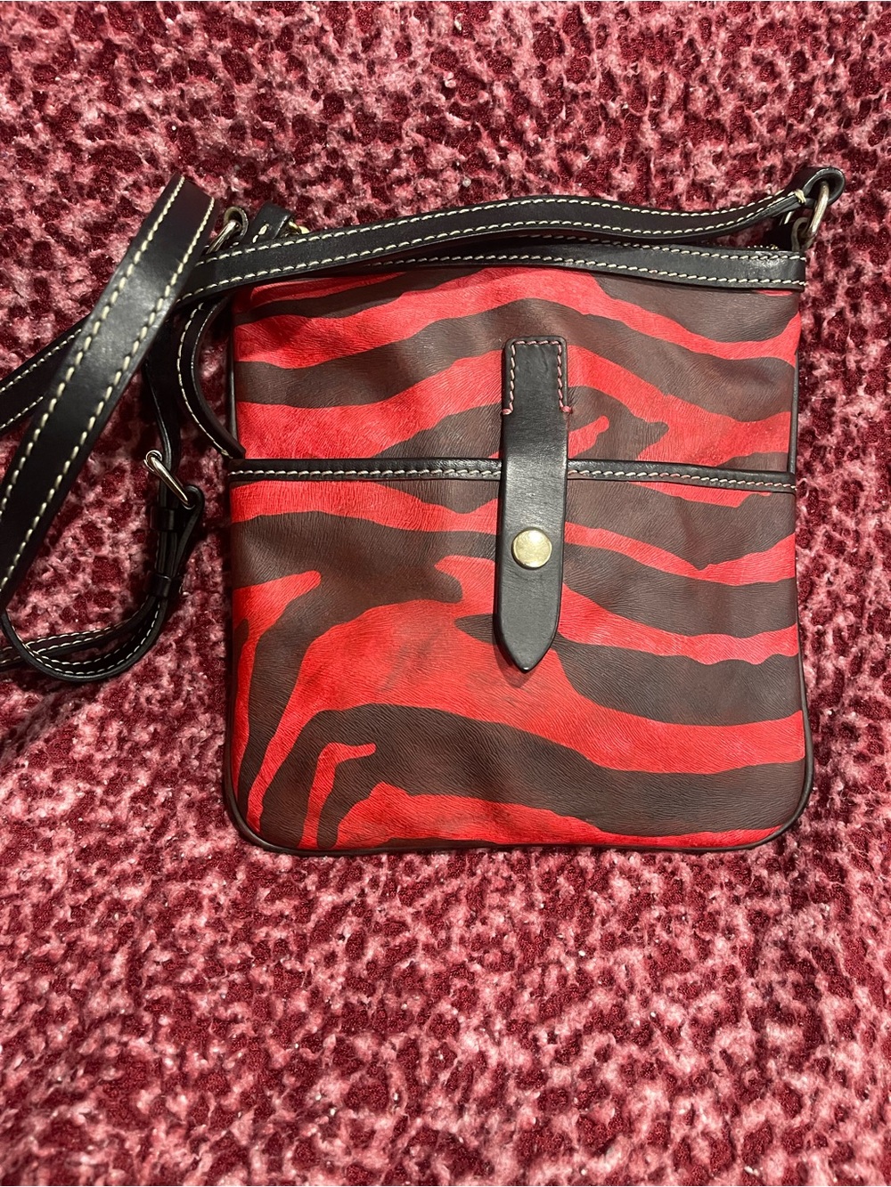 Dooney & Bourke Red and Black Zebra-Print Leather Crossbody Bag; Hand Painted